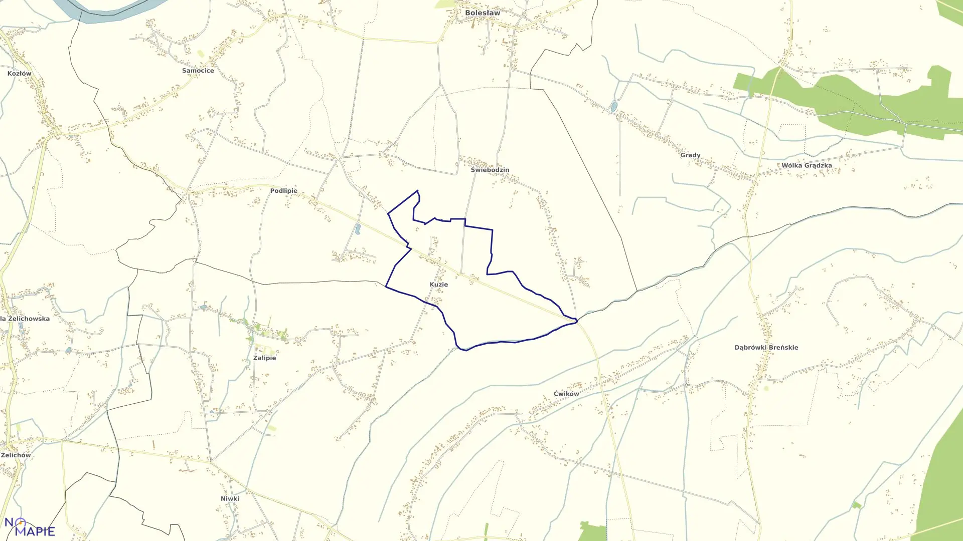 Mapa obrębu Kuzie w gminie Bolesław